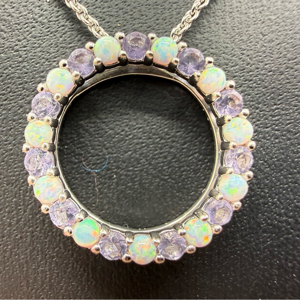 Created Opal Natural Amethyst Circle Pendant Necklace 18 inches Sterling Silver - Picture 8 of 8